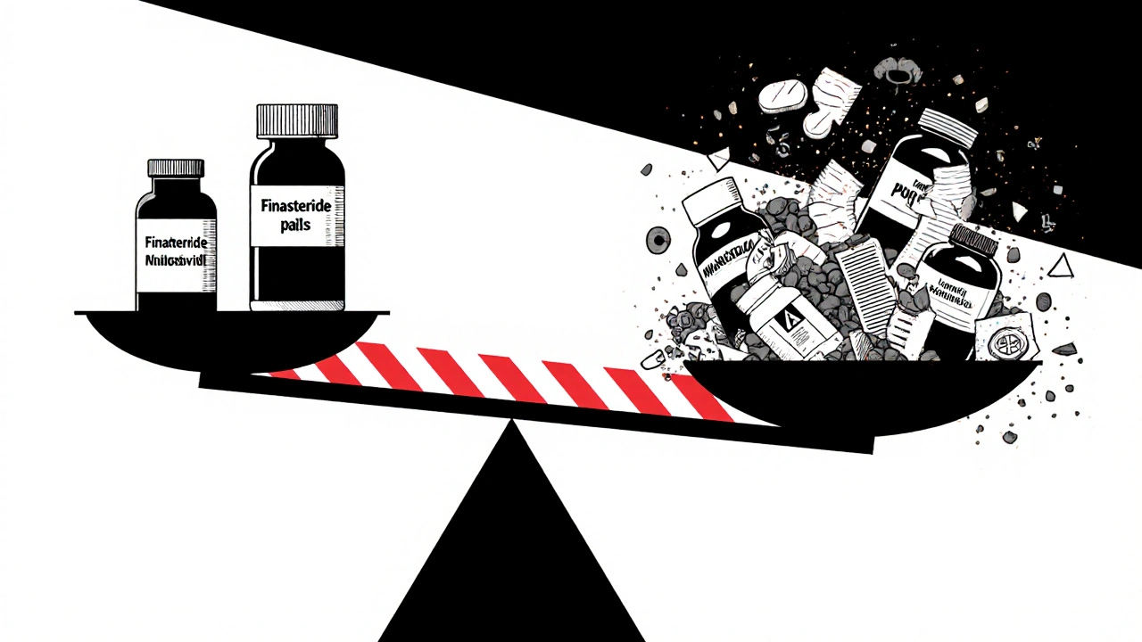A balanced scale with proven treatments on one side and useless supplements collapsing on the other, symbolizing effective hair loss therapy.