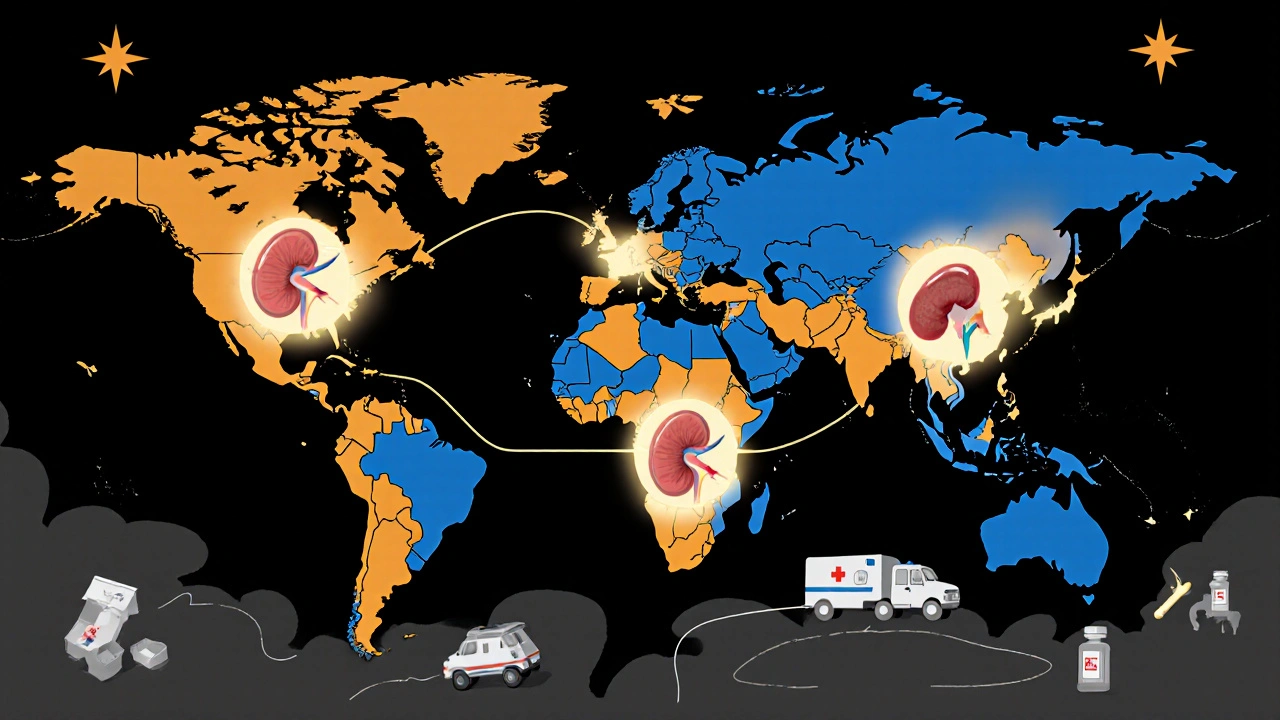 A global map showing linagliptin connecting healthcare systems across countries, reducing hospital risks for diabetic patients.
