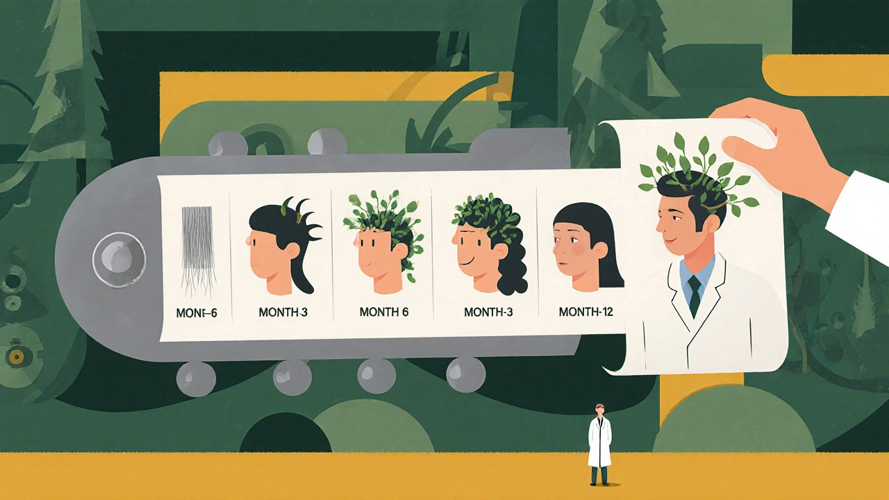 A mechanical calendar showing hair growth progress over 12 months, from thinning to full density, with a calm observer below.