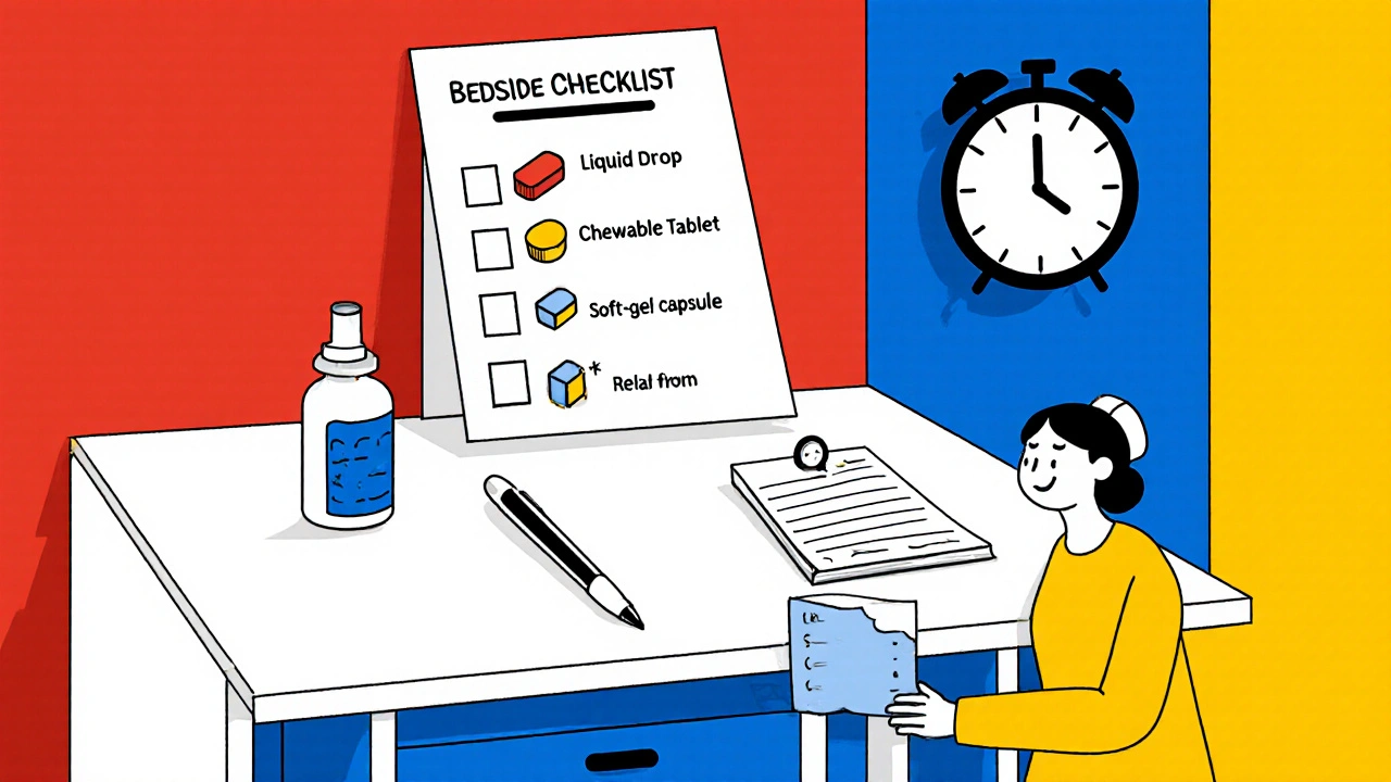Bedside checklist with icons for simethicone forms, alarm, and nurse, constructivist illustration.