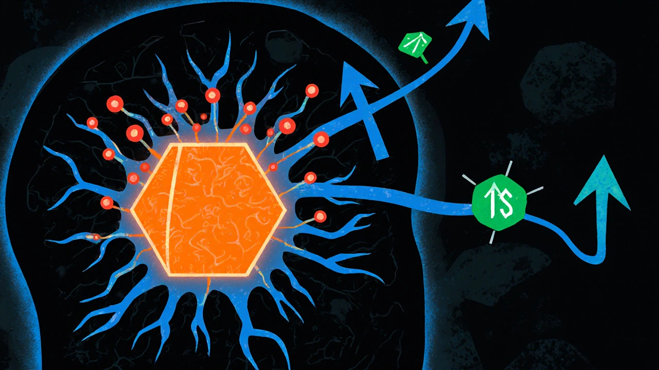 Brain cross‑section showing piracetam molecule enhancing receptors and blood flow.