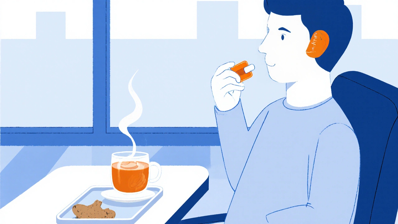Calm traveler at an airport gate taking a meclizine pill, with a scopolamine patch and ginger tea nearby.