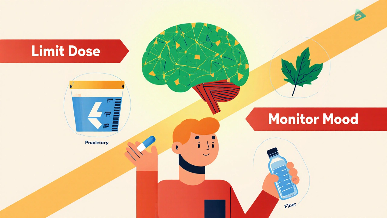 Checklist scene with tablet, water bottle, electrolyte test tube, probiotic yogurt, and fiber leaf promoting safe use.
