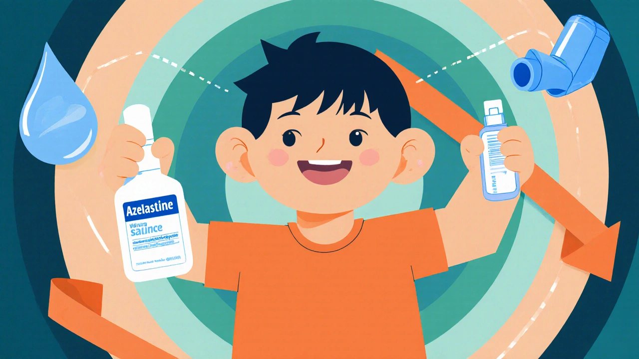 Child smiling with spray, saline, and hydration symbols for ear health.