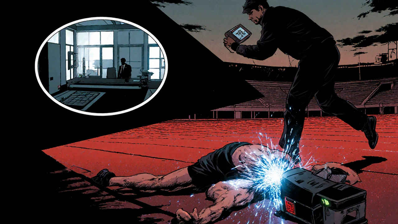 Coach uses AED on fallen athlete on track at dusk, noir atmosphere.