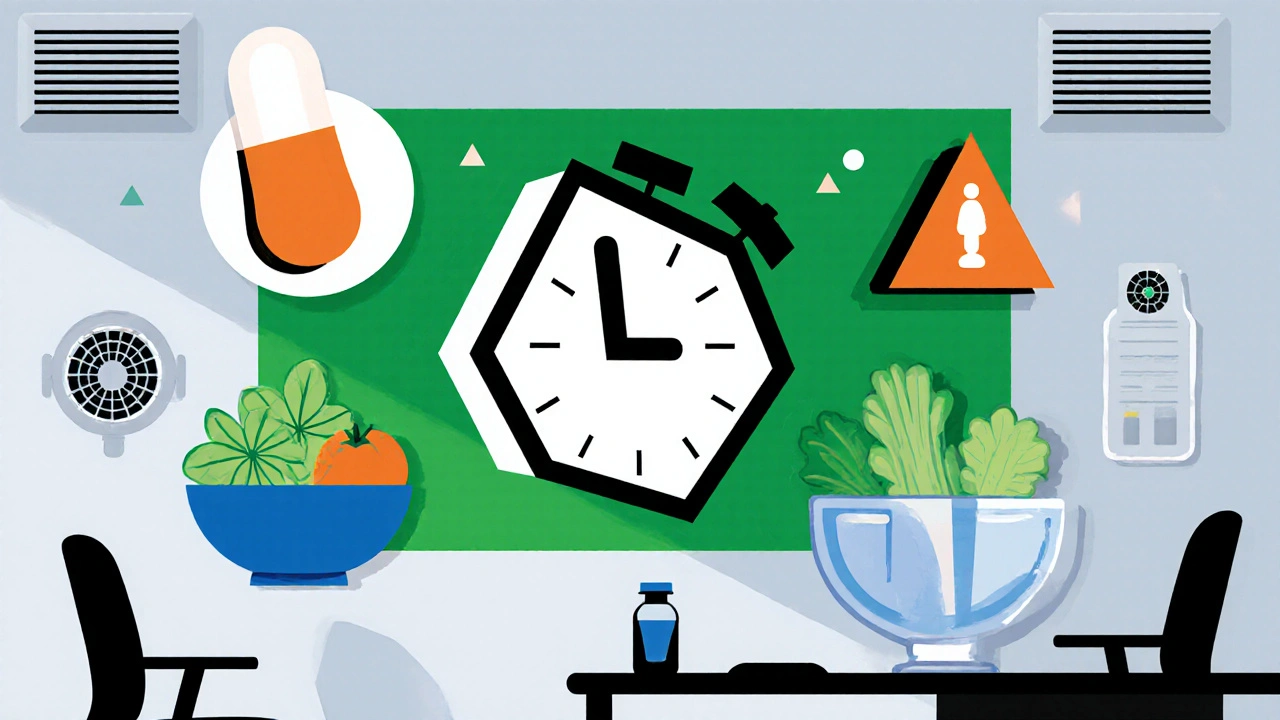 Collage of probiotic, peppermint oil, vegetables, water bottle and walking clock showing healthy work habits.