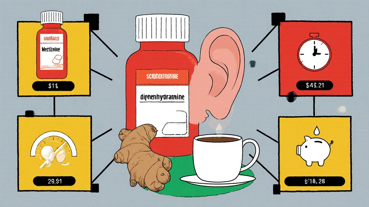 Constructivist collage of medicine bottles, a scopolamine patch, and ginger root arranged on a grid.