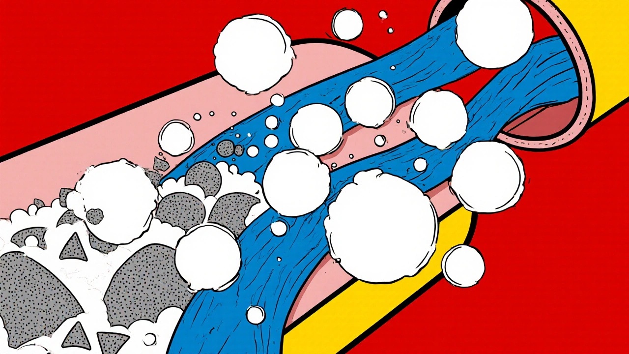 Cross‑section of gut showing gas bubbles merging as silica and oil break them, constructivist cartoon.