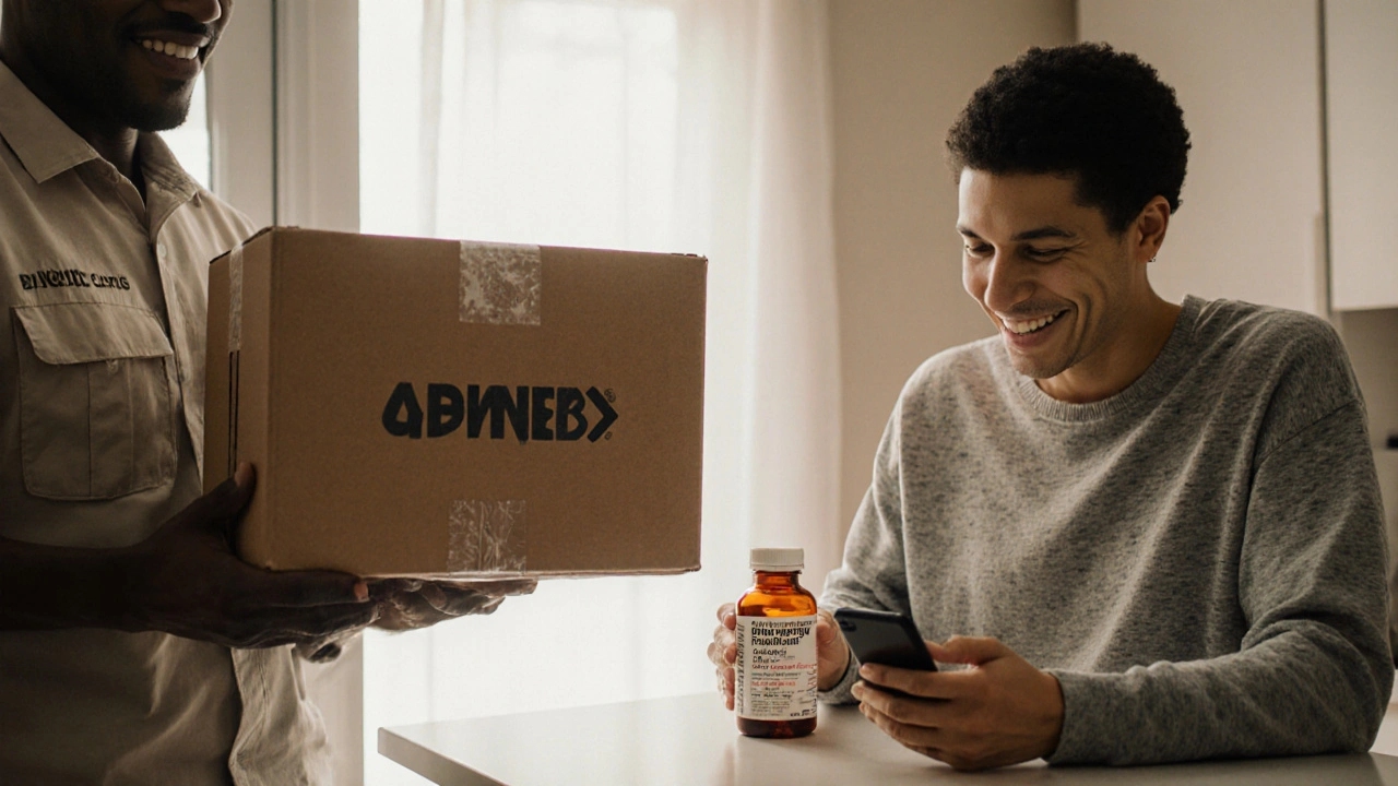 Delivery box opened at home, showing authentic acetaminophen bottle being checked.