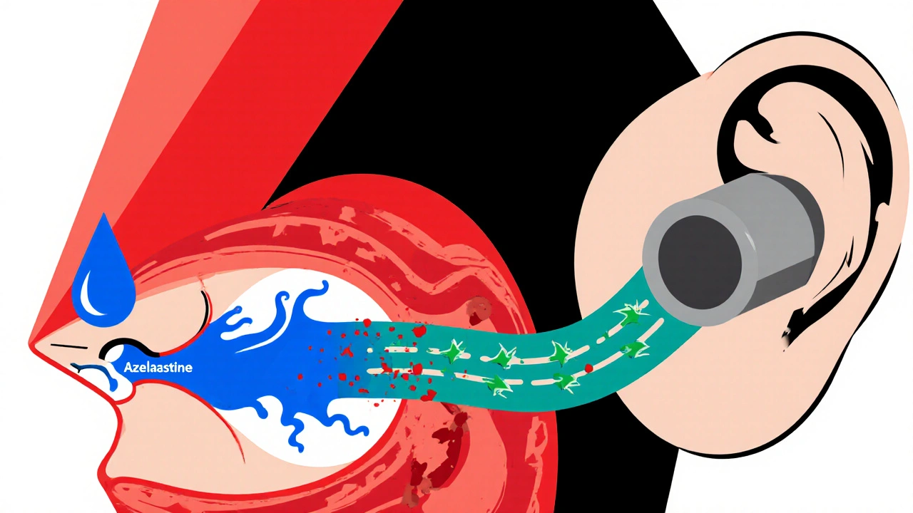Diagram showing nasal spray entering nose and eustachian tube open vs blocked.