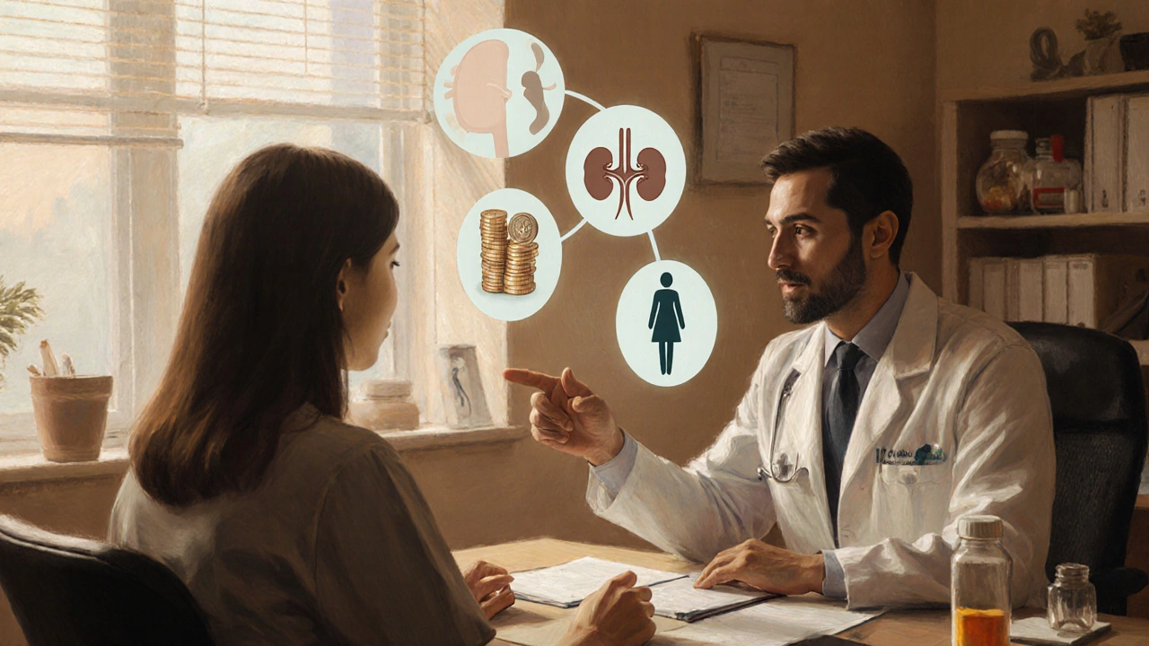 Doctor and patient discussing treatment, surrounded by kidney, pregnancy, money, and pill icons.