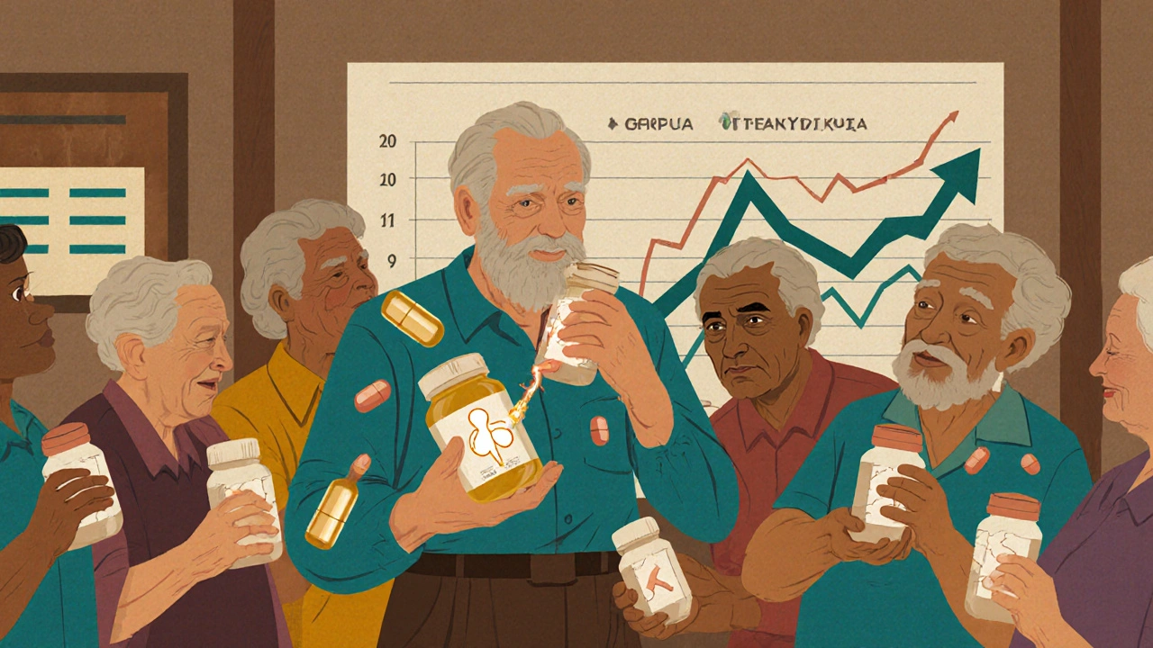 Elderly patients in a clinic holding linagliptin pills, with other diabetes medications crumbling away, symbolizing safer treatment.