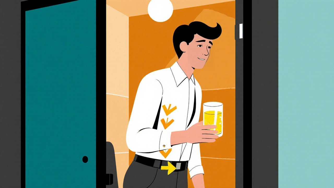 Employee in a restroom performing a clockwise abdominal massage while holding lemon water.