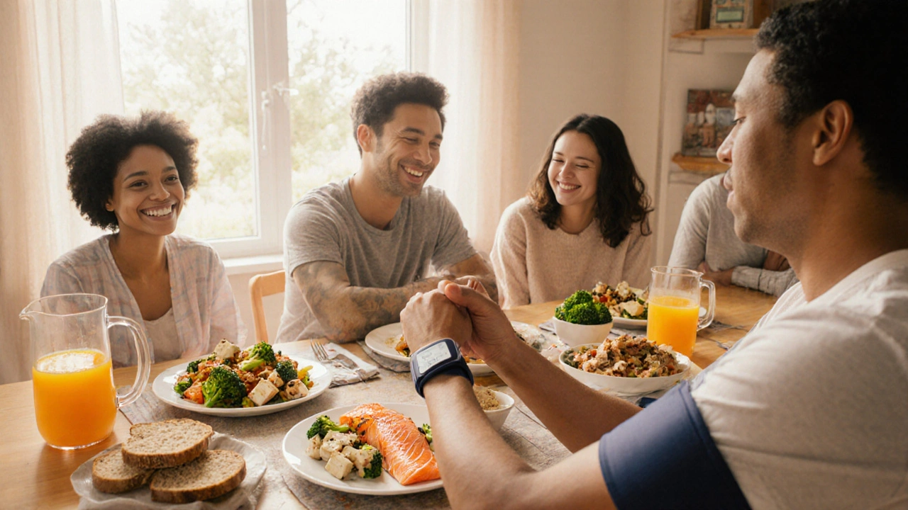 Family meal with calcium foods and a person checking blood pressure.