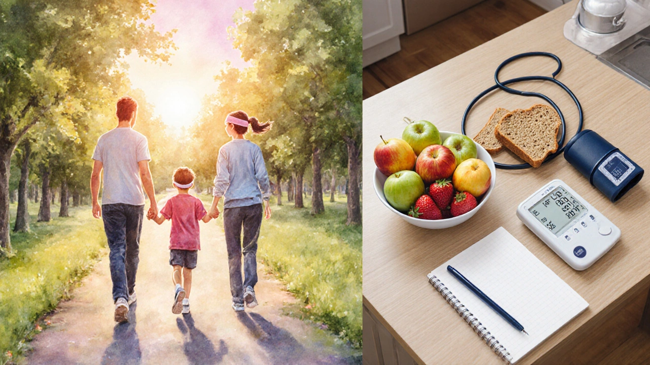 Family walking in park with healthy snacks and home blood pressure monitor at dinner.