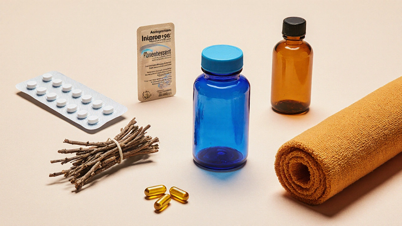 Flat‑lay of various pain‑relief pills, willow bark, turmeric, and a heat pack.