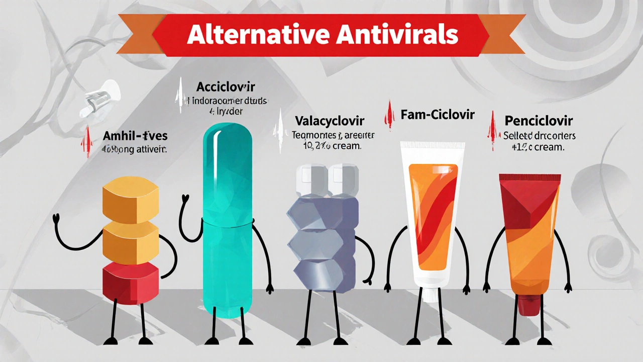 Four antiviral mascots (Aciclovir, Valacyclovir, Famciclovir, Penciclovir cream) arranged in geometric cartoon illustration.