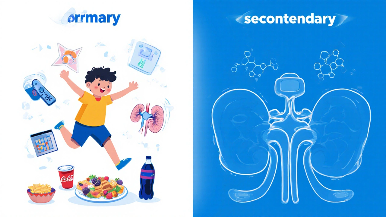 Illustration split showing lifestyle risk factors on left and medical causes on right for child hypertension.