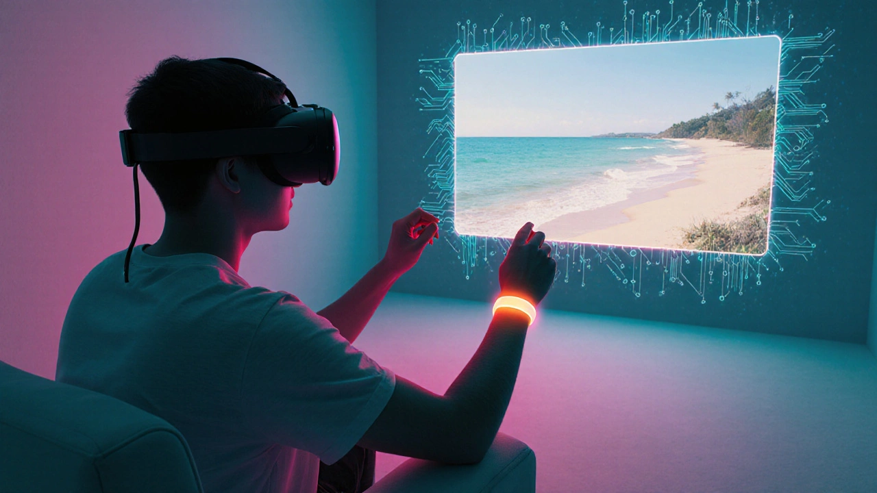 Individual using VR headset and wrist sensor for immersive CBT skin‑pain therapy.
