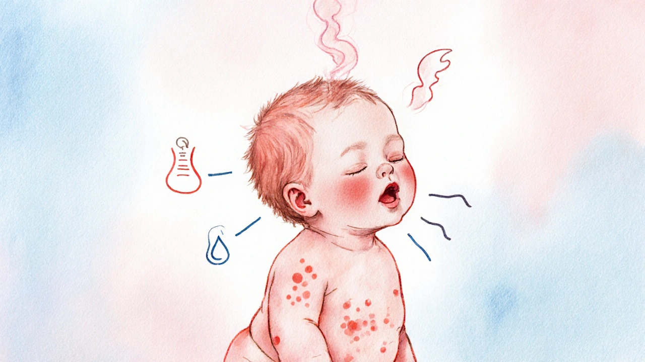 Infant shows fever warning signs: flushed cheeks, rapid breathing, and a small rash.