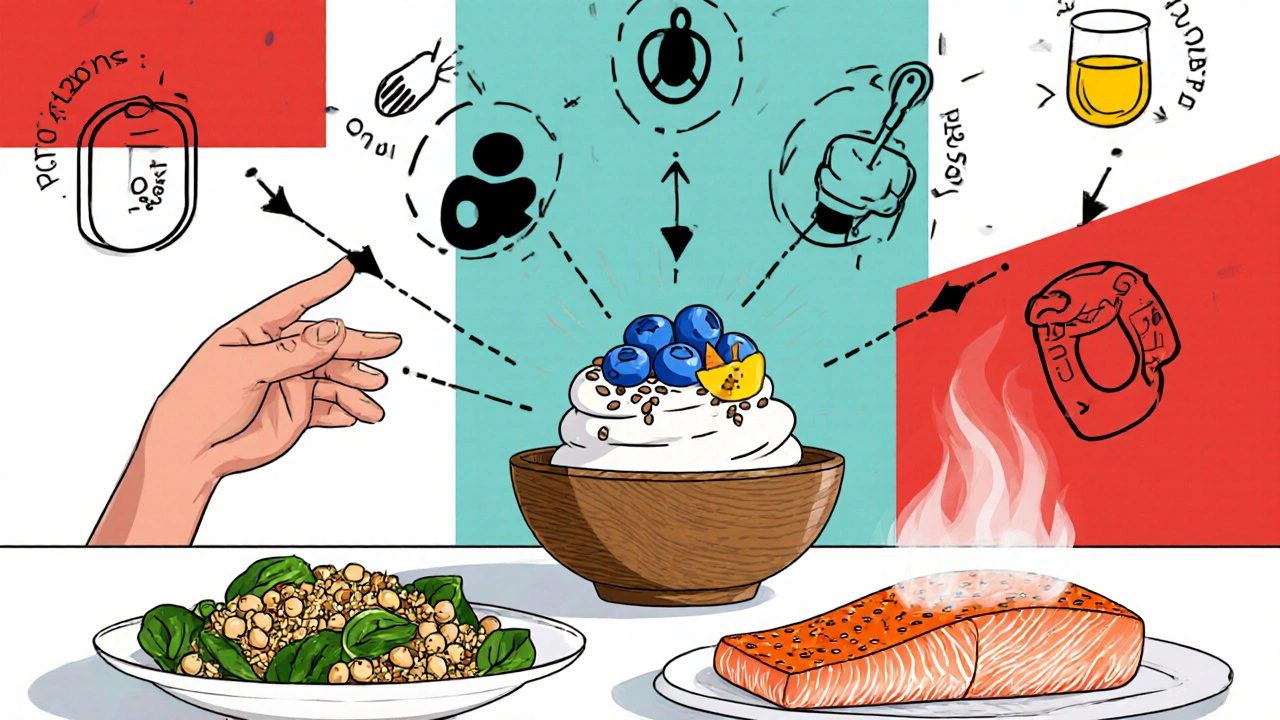 Kitchen scene with yogurt, chia, chickpeas, salmon, pumpkin seeds and nutrient icons.