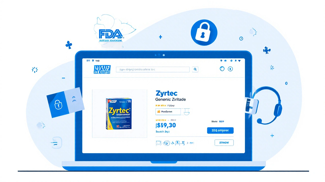 Laptop screen shows online pharmacy page with FDA and Health Canada badges for generic Zyrtec.