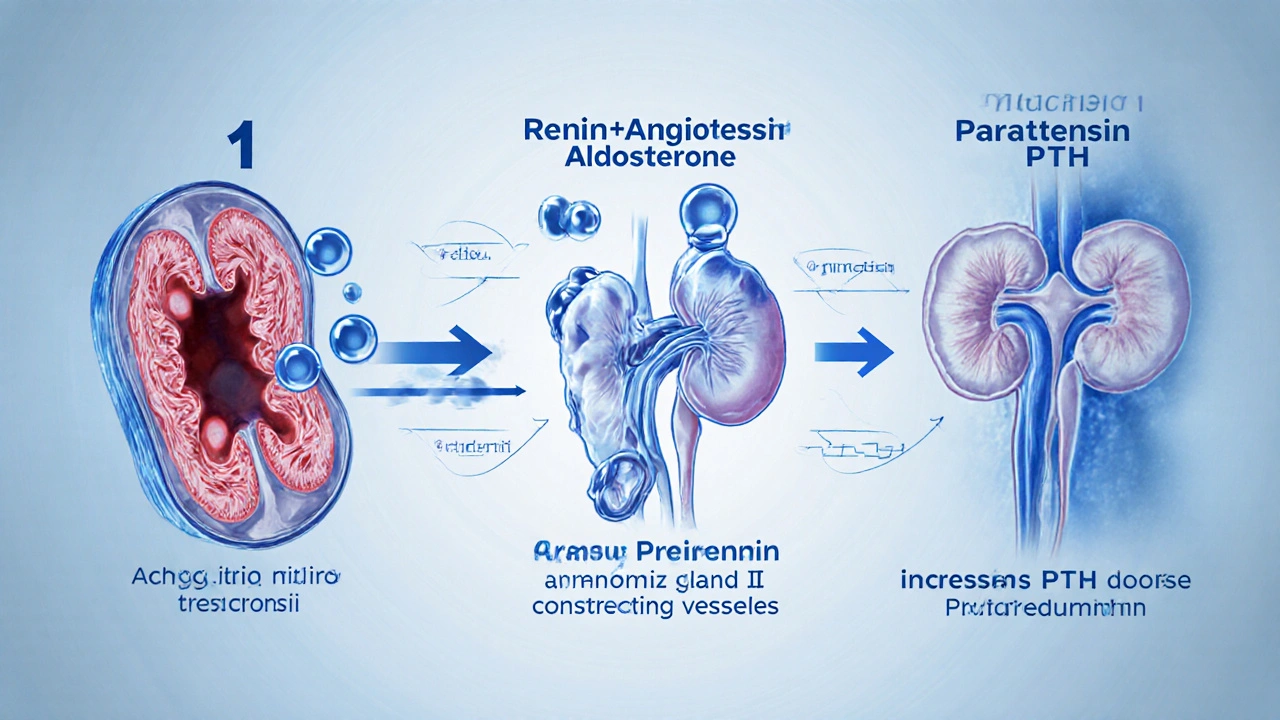 Medical diagram of artery constriction, kidney renin release, and parathyroid activity.