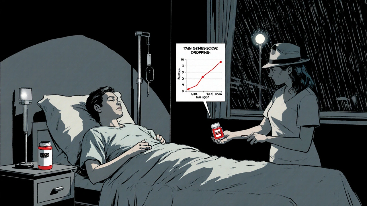 Noir comic panel of hospital night, patient receiving mirtazapine, chart of improved scores.