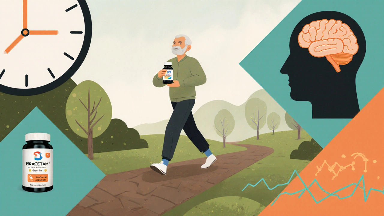 Older adult walking in park holding piracetam bottle with abstract cognition icons.