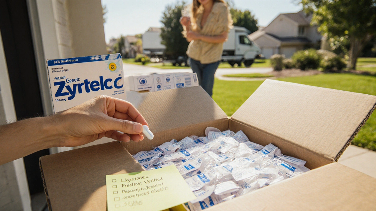 Opened box of generic Zyrtec tablets on doorstep, hand checking a pill and safety checklist.