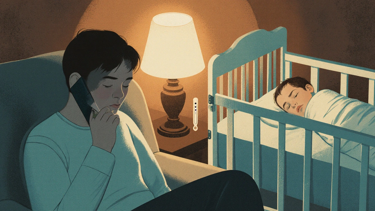 Parent on phone consulting pediatrician while baby rests comfortably in a lightly dressed crib.