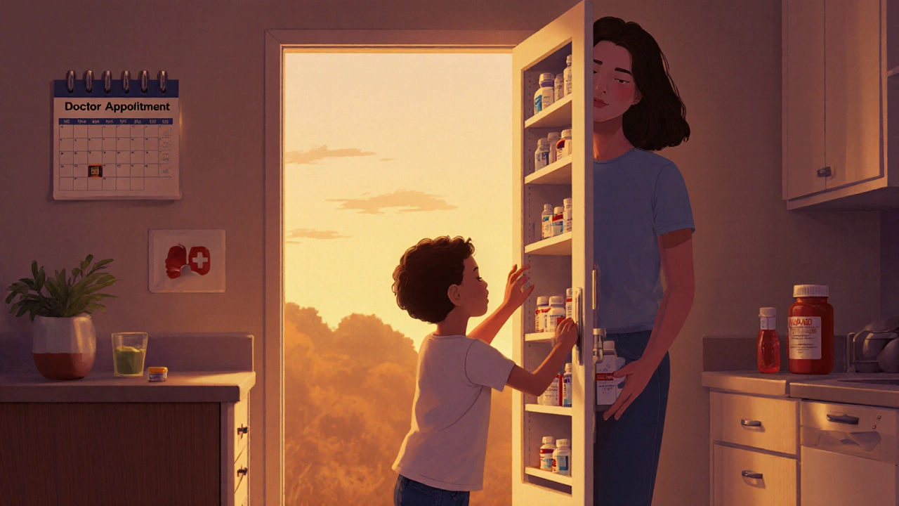 Parent securing medicine cabinet while child watches in a warm kitchen.