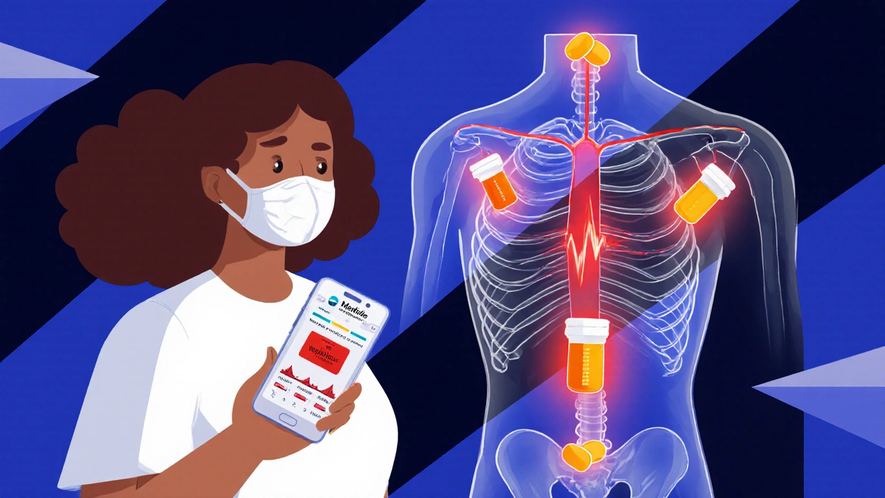 Patient using a smartphone app with color-coded alerts, surrounded by glowing interaction pathways in the body.