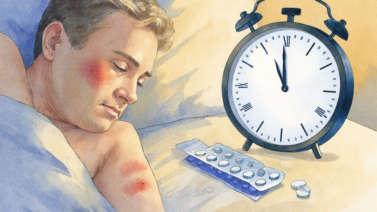 Patient with shingles rash, Famvir pack on table, clock showing twice‑daily dosing.