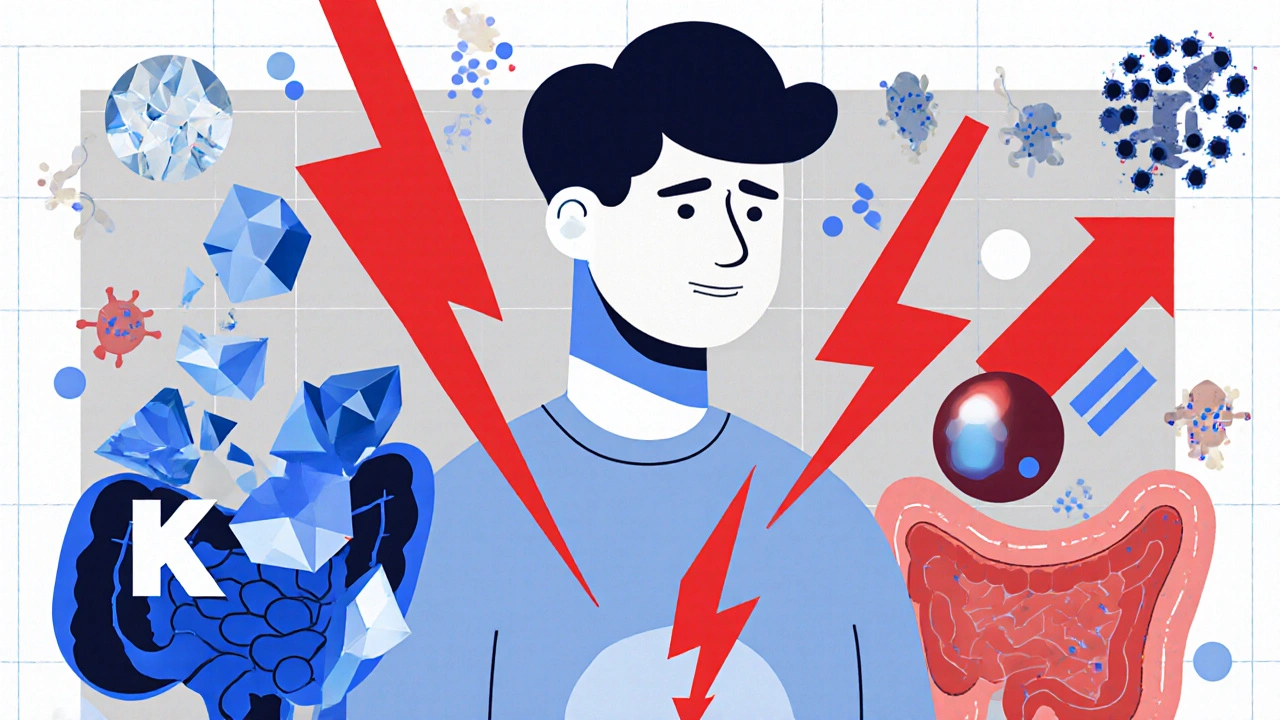 Person feeling anxious surrounded by falling potassium crystals, magnesium bolts, and abstract gut microbes.