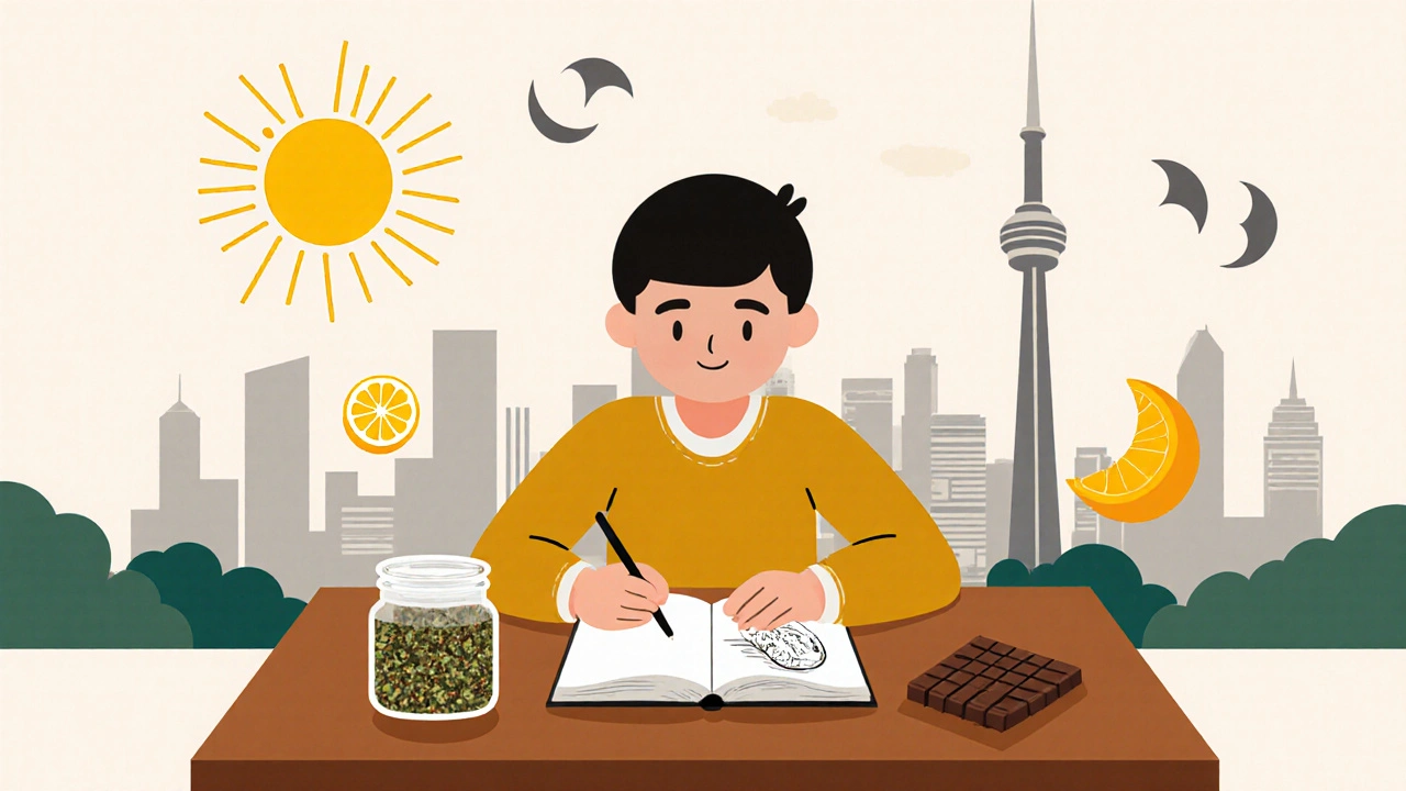 Person tasting cannabis with a journal, glass jar, fruit and chocolate, framed by geometric mood icons.