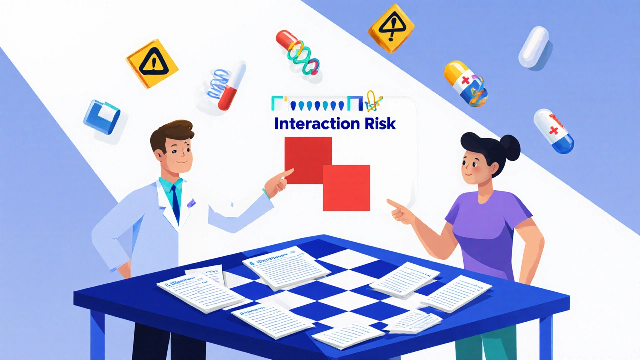 Pharmacist and patient reviewing a medication checker grid with floating drug icons and warning symbols.