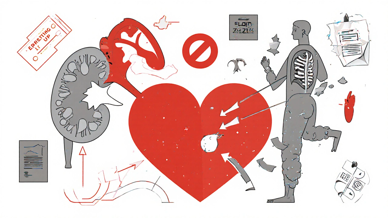 Split kidney diagram showing fluid retention vs normal, with arrows to swollen legs and lungs