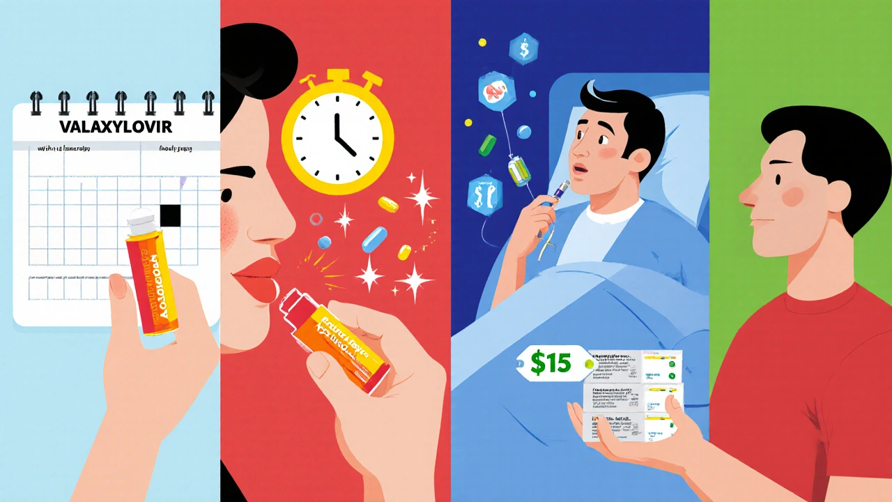 Split-screen cartoon of patient scenarios: daily pill, cream on lips, IV treatment, and low-cost tablets.