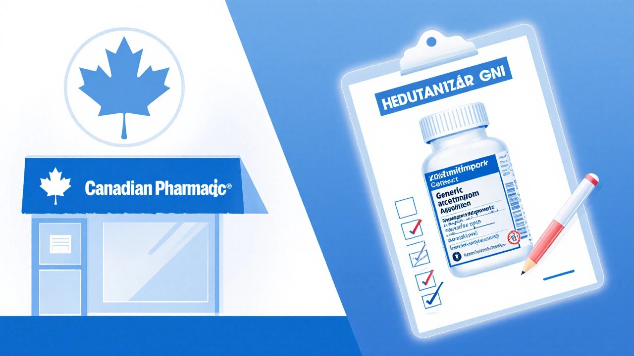 Split view of Canadian pharmacy sign and generic acetaminophen bottle with safety seal.