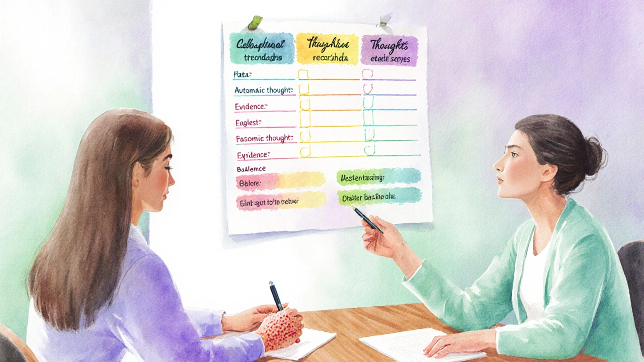 Therapist and patient reviewing a colorful thought‑record sheet in a bright office.