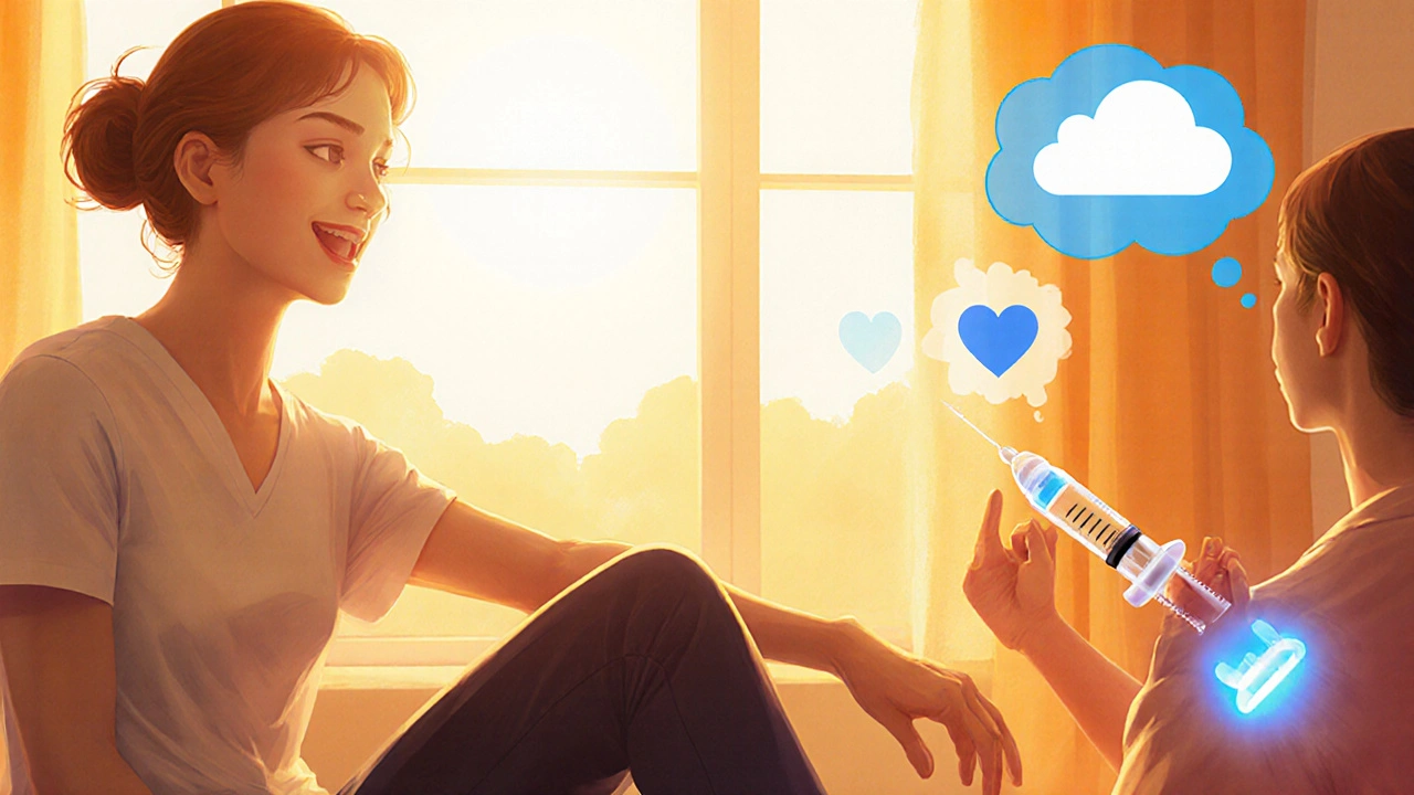Therapist stretching a patient, Botox injection, and CBT session together in a bright, hopeful setting.