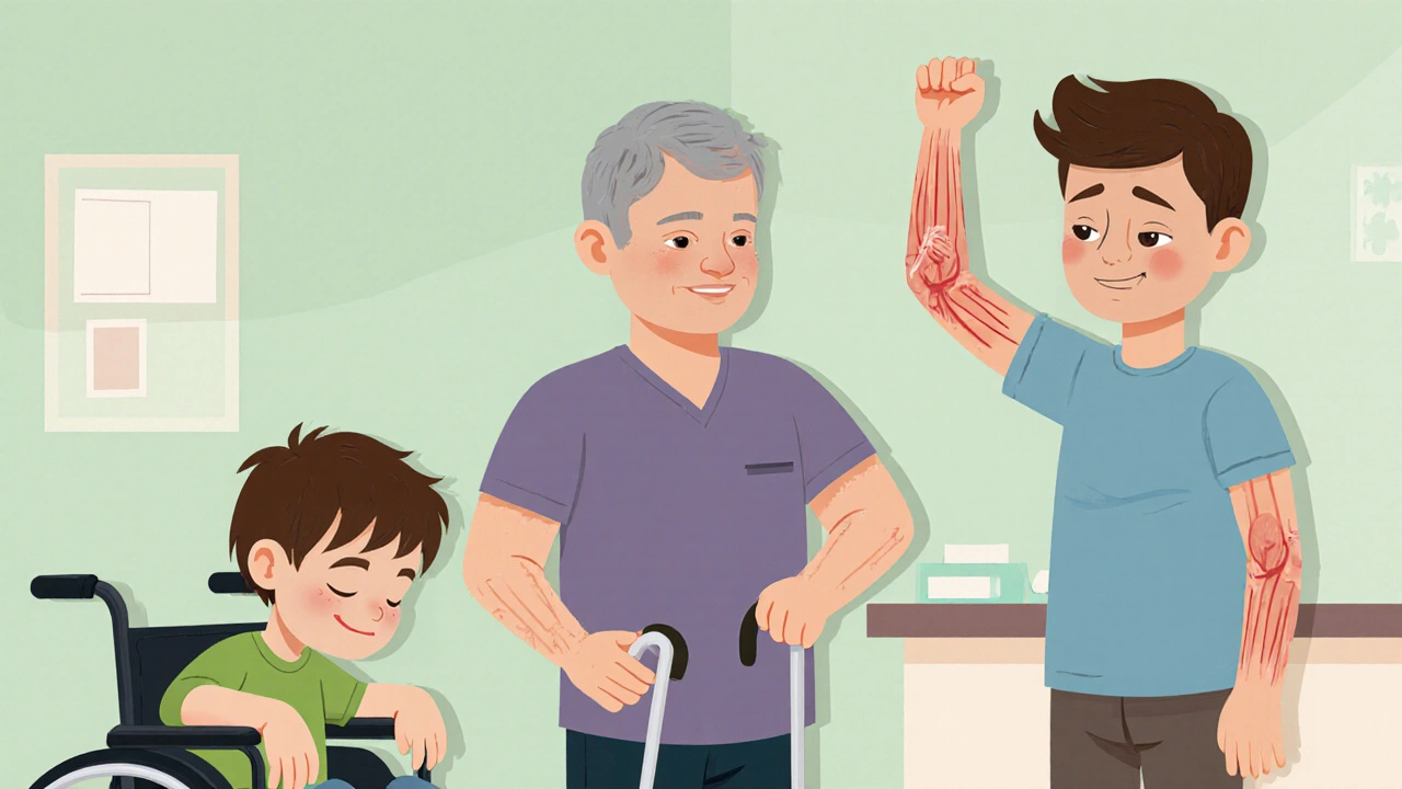 Three people with cerebral palsy, multiple sclerosis, and stroke showing stiff muscles and sad expressions.