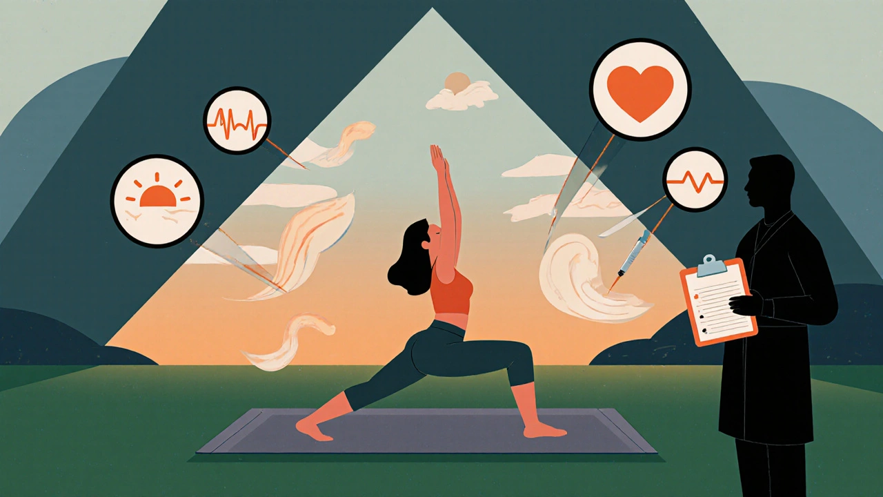 Woman doing yoga surrounded by sleep, exercise, stress icons and a doctor silhouette.