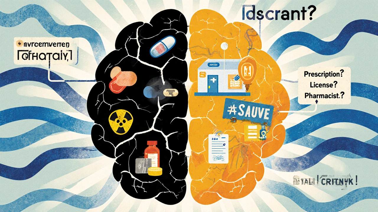 A brain split between toxic counterfeit drugs and safe, supported mental health access.