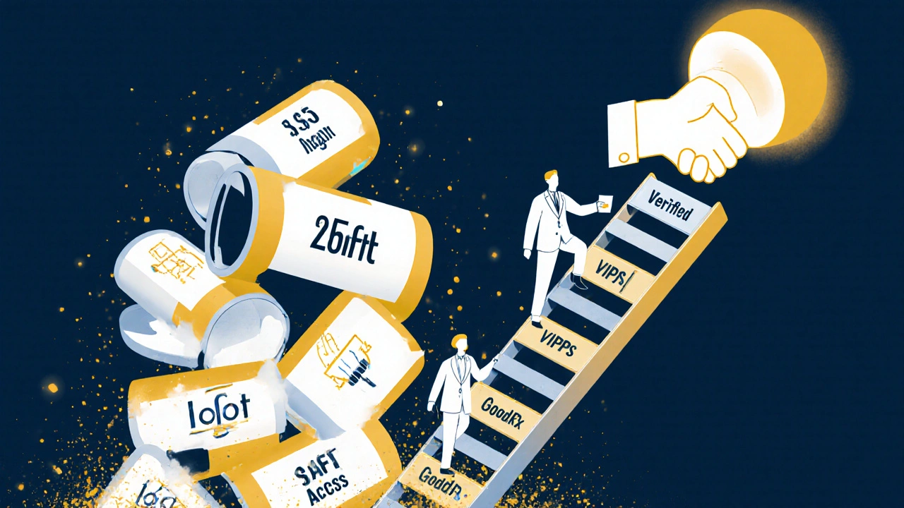 A collapsing stack of fake pills versus a ladder of verified safety symbols leading to light.