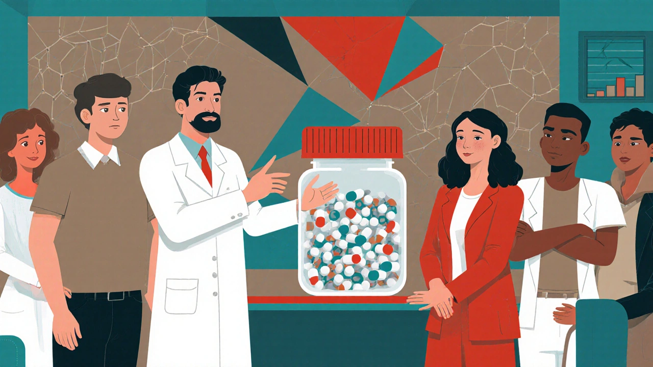 A doctor and pharmacist guide patients toward a transparent bottle filled with molecular structures, surrounded by abstract data shapes.