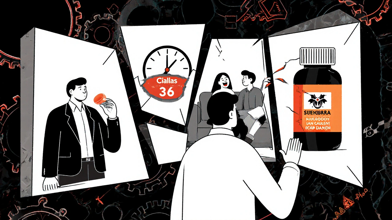 A man facing fragmented mirrors reflecting different ED treatment scenarios with warning symbols.