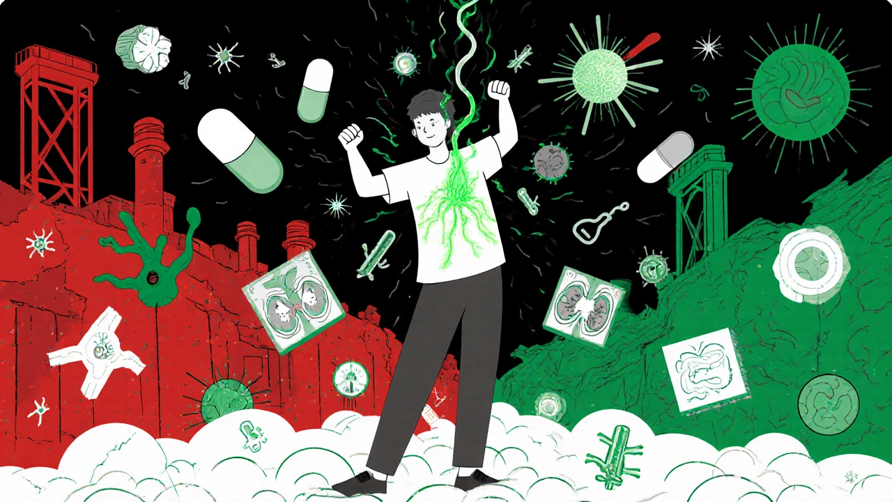 A person surrounded by medical symbols as new myelin rebuilds around a nerve, blending decay and renewal.