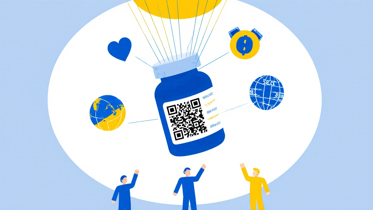 A QR code on a pill bottle emits light to icons representing health, savings, and global approval, floating in a minimalist space.